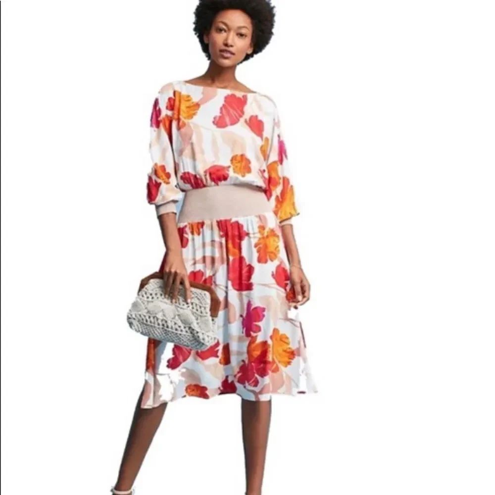 Anthropologie Maeve Gemma boho floral printed elbow sleeves midi dress S